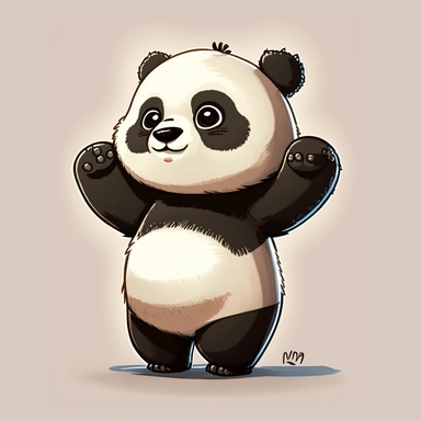 little panda character, drawn panda, panda clipart, standing straight and waving, front pose, dynamic front pose, children's book illustration style, simple, cute, young panda, happy, full colour, flat colour, no background,no titles