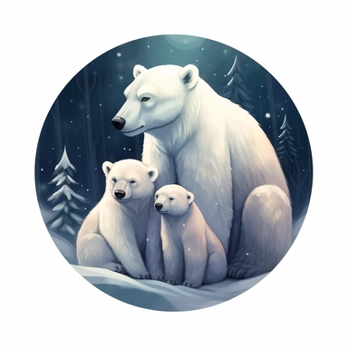 Illustrating a Polar bear family cuddled together in a snowy den. The design should convey a sense of familial warmth and the Polar bear's resilience in the face of harsh Arctic conditions. The artwork can have soft lighting and gentle colors, creating a serene atmosphere.r, that can be used as a sticker, colorful, highly detailed, white background, style of pixar clipart, white background,--no cut off edges