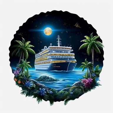 fantasy cruise ship in the moonlight, paradise island digital clipart on white background