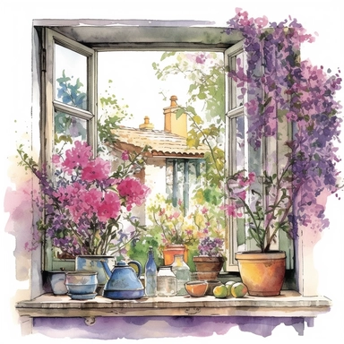 watercolor, hyper realistic, white background, white margins, 16k, ultra detailed clipart, cut out image, hand-drawn a kitchen window overlooking a vibrant garden, with pink and purple flowers in full bloom. in the style of colorful ink wash paintings, charming character illustrations, piles/stacks, creative commons attribution, digital painting, barroco
