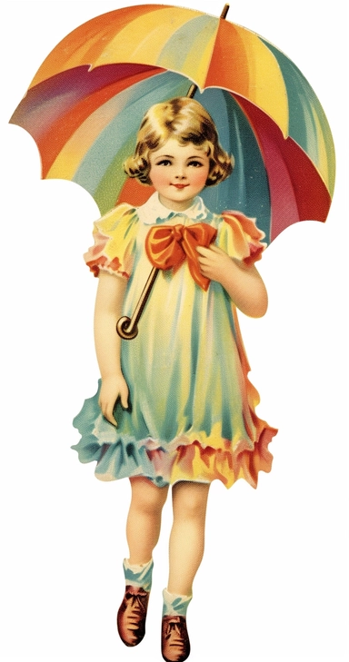 Vintage 1920 a little painted girl in a Rainbow dress, in the style of vintage cut-and-paste, victorian-era clothing Illustration, Chromolithograph, Die Cut, 1920s Illustration, Vintage, Chromolithograph, Colorful, Antique, Ephemera, Clipart, 8k, Isolated