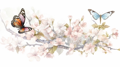 clip art Watercolor art of a cherry blossom branches, butterflies, with soft pastel hues, illustration in the style of Ayami Kojima and J.C. Leyendecker, pixiv, high quality, highly detailed,on white background