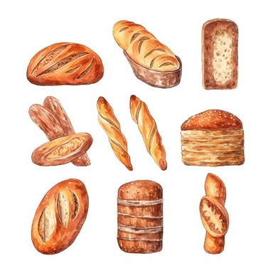 Watercolor baguettes, illustrations clipart set, simple, soft colors, cartoon elements, different variants, bread from around the world, wooden elemnts, separate elements with a margin