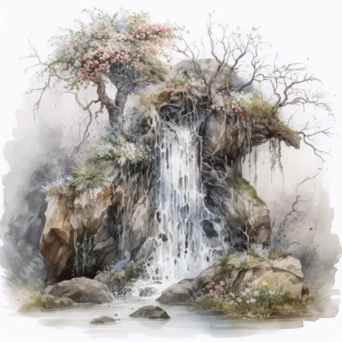 isolated on white illustration watercolor art of a part of a waterfall and tree in forest, overgrown with white and light pink roses and flowers, covered with snow and ice, a lot of moss and branches, lace and embroidery, masterpiece by Tomasz Alen Kopera style and by Carl Holsoe style and by James C. Christensen style and by Alexander Jansson style, Baroque Architecture, PNG clipart, isolated on white, white background, extreme photorealistic details, 32k HD resolution, realistic high detailiza