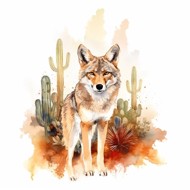 watercolor painting of a Coyote, clipart, watercolor clipart, watercolor splashes, illustration, artsy, desert, warm colors, cactuses, white background