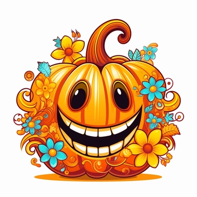 Groovy hippie 60s halloween pumpkin, Funny cartoon flower power clipart white background