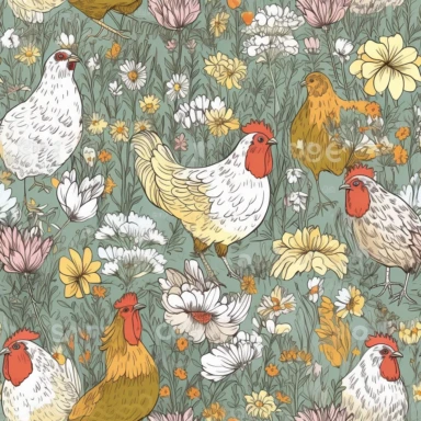 individual chickens with wildflowers, clipart, illustration, colorful sketch, vector