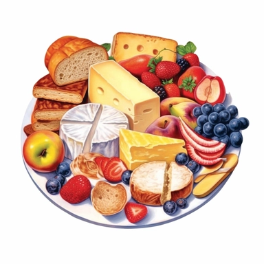 watercolor a plate of cheeses, fruits and bread, in the style of hyperrealistic illustrations, colorful collage, iconographic symbolism, warmcore, transavanguardia, cranberrycore, isometric Clipart desert cartoon t-shirt graphic, vector, contour, isolated on a white background