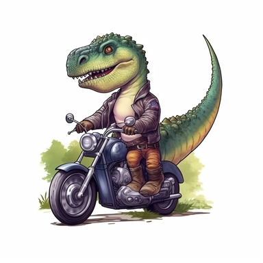 Create a clipart of a cute brontosaurus in a leather jacket riding a vintage motorcycle. Strong and aggressive colors. Jungle trees before a White Background, soft lighting.