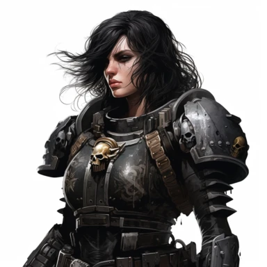 beautiful deathwatch warhammer 40k fantasy character, dark hair, paint art style, clipart, white background, superrealistic, one of a kind