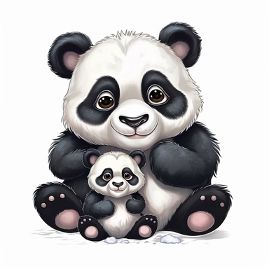 a mommy and baby panda, very fluffy, disney style, clipart on white background, no shading