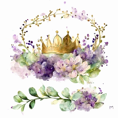 line of purple and lilac watercolor flowers with a simple clipart princess crown on top, watercolor gold, green, purple, white background