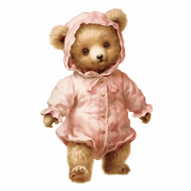 victorian vintage adorable baby teddy bear in new born pink cute playsuit, full body, clipart style, accurate details, oil painting technique, super high quality, professional clipart, high resolution, isolated white background