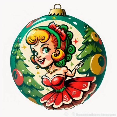 fun vintage character christmas tree bauble , bright colours, gouache, clipart, white background