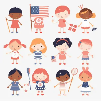 American flag clip art pack, boho, kids, play, vector, illustration, simple, white background, white space