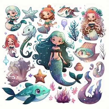 beautiful, 10 cute mermaid and fantasy aquatic life stickers collection, clipart design, cartoon, 4k, white background, photo realism