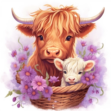 Illustrate a charming close-up clipart of a Highland Cow mom and its baby in a floral basket, showcasing their endearing expressions and capturing the sweetness of their bond, using ultra HD image quality to create an exquisite artwork that evokes a sense of love and warmth