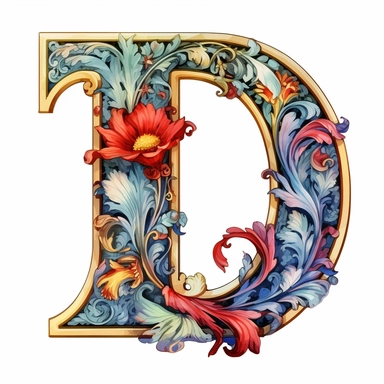 Art Nouveau illuminated initial, letter D , Clipart Bundle Mystical Illustration Fantasy Novel Clipart Magic, D, white background, png, Fourthletter of english alphabet