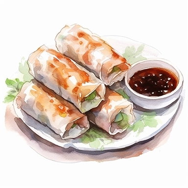 watercolor, hyper realistic, white background, white margins, 16k, ultra detailed clipart, cut out image, hand-drawn a plate of bánh cuốn, delicate Vietnamese steamed rice rolls filled with seasoned ground pork and mushrooms, served with a dipping sauce. in the style of anime art, frostpunk, photo-realistic drawings, villagecore, lively and energetic, high quality, anime