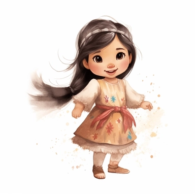 Toddler princess Pocahontas cartoon watercolor, round face delicate her long hair sharp and detailed her outfit like the original princess, character should be well drawn with soft tones a very clear smile confident and a head lightly painted in watercolor the character is a one year old baby should be on a white background clipart