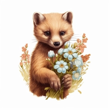 Cute Beautiful marten holding a flower Sublimation Clipart, Cartoon, hyper realistic, intricate detail, illustration style, high solution, on the white background