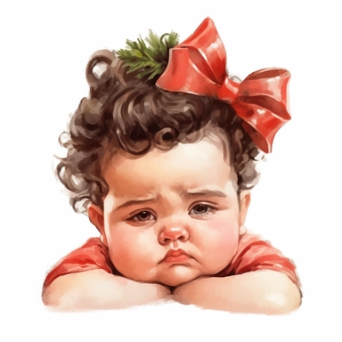 watercolour style cute chubby size baby girl curled up asleep frowning her eyebrows dribbling from mouth a red bow on head fine details Christmas tree behind wide background png plain background clipart