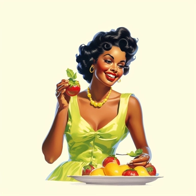 vintage 1950s illustration black woman eating fruits Clipart, on a white background, vintage aesthetic, character focus, 4K resolution, no background, realistic rendering, use using Cinema 4D