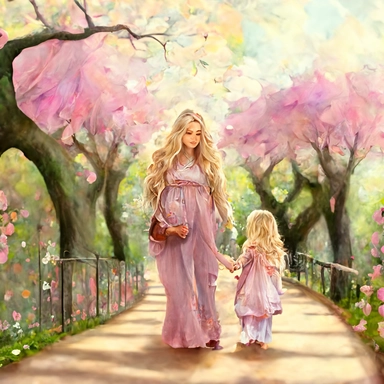 beautiful young pregnant mother with long beautiful blonde hair, toddler daughter with long beautiful hair holding hands walking in park, flowering trees, path lined with benches, highly detailed, realistic, fantasy, ethereal, soft colors, sharp focus, clipart style, fix dress