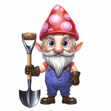 clipart, a gnome wearing a overall and holding a tiny shovel, kawaii gardening gnome, isolated on white background, no background