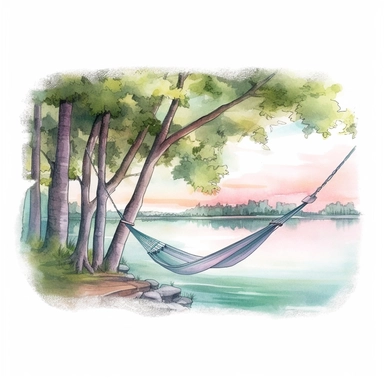 watercolor, hyper realistic, white background, white margins, 16k, ultra detailed clipart, cut out image, hand-drawn a cozy hammock tied between two trees near the lake, inviting relaxation and tranquility. Soft pastel shades inspired by nature, such as p