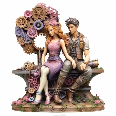 A steampunk couple sitting on a vintage pastel-colored bench, surrounded by blooming flowers and gears. The bench is intricately designed with gears and cogs, showcasing the fusion of comfort and steampunk aesthetics. The pastel-colored flowers add a touch of beauty and romance to the setting. The couple's attire features steampunk-inspired details, such as gear-shaped buttons, pocket watches, and top hats, reflecting their love for the steampunk style. Hyper-realistic, retro-futurism, pastel cl