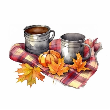 Two tin cups with tea, checkered blanket, autumn leaves, watercolor, clipart, white background