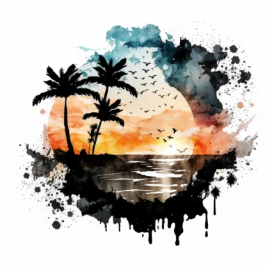 Black Watercolor Beach Ocean Retro Sunset Clipart, Colorful and white Background