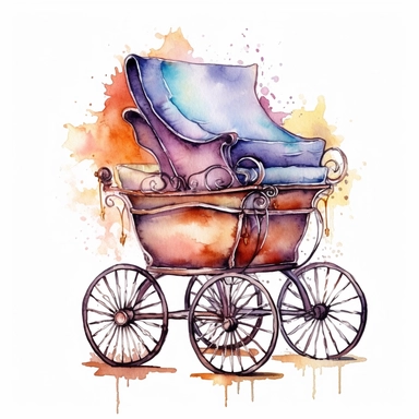 Baby Carriage sharp illustration clipart, watercolor art, insane detail, white background