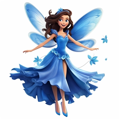 a beautiful smiling fairy girl, royal blue dress, big fairy wings, lovely butterflies all around her, pixar style, full body image, clipart, white background