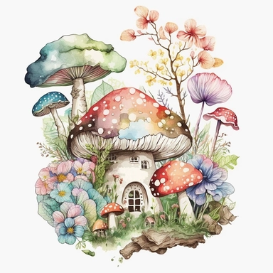 fairy tale, mushrooms and toadstools patch, garden, flowers, clouds, Watercolour, Magic Mystical Mushrooms clipart, white background