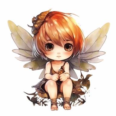 chibi little girl, big eyes, dressed as a fairy with wings on her back, beautiful and happy, she is sitting and head is turned towards camera, very detailed and realistic, watercolor, white background with margins, clipart style