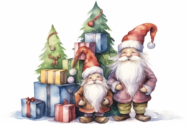three christmas gnomes sitting on stacked christmas presents in front of a big christmas tree, watercolor clip art