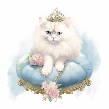 make a clipart of watercolor fairytale white fluffy princess cat with a gold jeweled tiara and blue eyes, laying on a blue victorian foot stool, and roses, rococo, shabby chic