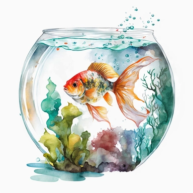 Watercolor fish inside aquarium, clipart, white background, no text