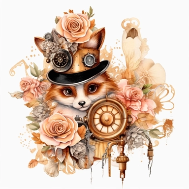 Steampunk Birthday Party Animal Clipart, rose and gold colors, Steampunk, watercolor, sweet, happy, high resolution, transparent white background no captions