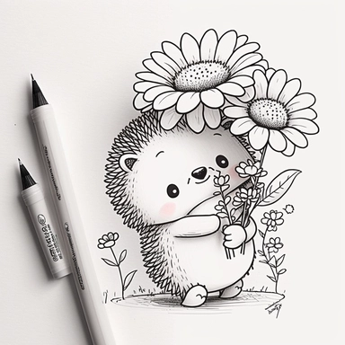 Happy cute cartoon hedgehog hugs a flower, white background, anime style, incredibly detailed , thick outline , Create a sketch of a black and white  Cute and adorable cartoon it , fantasy, dreamlike, surrealism, super cute, trending on artstation design, in a minimal and lineal style. The tattoo should be simple, with clean lines and minimal detail. The sketch should be done in pen or pencil , looking to the camera, clipart, , white background, summer flowers at the bottom, cute, love vibes, su
