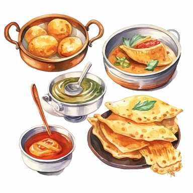 watercolor clipart illustration on a white background of Indian Cuisine: Depictions of traditional Indian wedding foods, such as biryani, samosas, or sweets like jalebis.