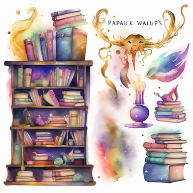 Watercolor Fantasy Books Clipart, galaxy wizard book stacks and shelves beautiful separate, individual images of bookshelves, magic scrolls, quill pens, inkwell, and book stacks in fantasy watercolor style, with gold and galaxy colors.