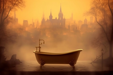 realistic clipart gold bathtub in foggy enchanted city, digital painting