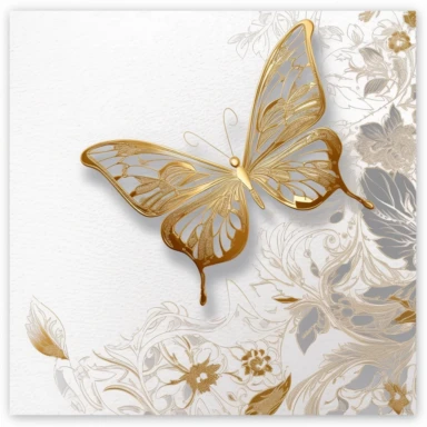 clipart, a gold butterfly on top of a floral patterned background, solid white background, white edge, minimalist background, in the style of ethereal illustrations, mende art, kimoicore, romantic emotivity, rich and immersive, soft color, wedding theme, expensive, double tone effect, white and gold, light gold and silver, wedding theme