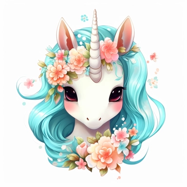 a unicorn made from cute floral flowers clipart, in the style of kawaii aesthetic, digital airbrushing, junglecore, 8k, charming anime characters, tondo, white and cyan