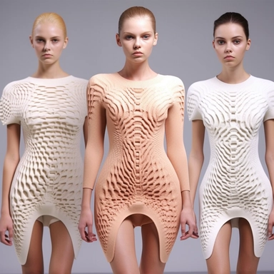 Imagine you're creating a fashion knitwear collection that uses 3D printing technology to produce seamless, highly detailed garments. Describe the general appearance of the pieces in the collection, including the design, colors and finishes used. Consider how 3D printing technology can be used to create complex structures and patterns that would be impossible to achieve through traditional knitting methods. Notice how this technique allows for the creation of highly detailed, seamless garments, 