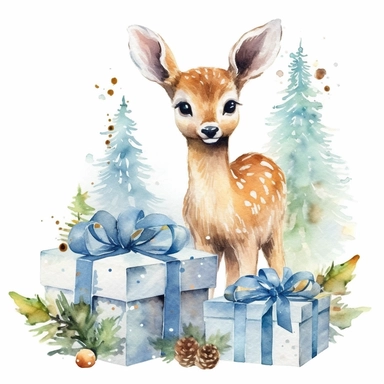 one watercolor christma deer clipart with christmas gifts and a tree on a white background, in the style of amanda clark, glorious, depictions of animals, realistic watercolor paintings , no watermark, text, 300 DPI , typography, shapes do not stick together, no text in the picture, on a white background