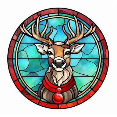 Circle stained glass of a reindeer with a red nose and santa clause hat: Symbolizes uniqueness, Christmas folklore, and the magic of Christmas Eve, clipart on solid white background